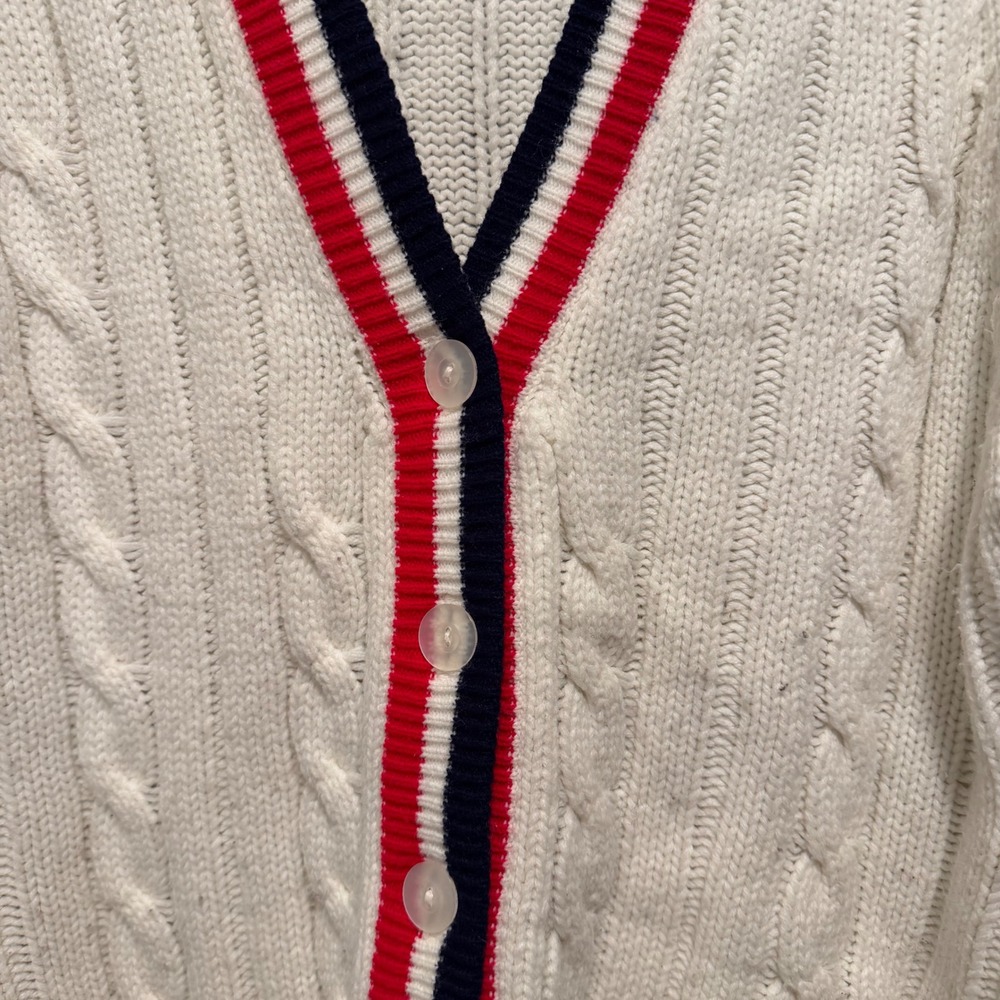 Vintage Marianne Fashions White Cable Knit Varsity Cardigan Red Blue‎ Trim Large - Picture 3 of 6